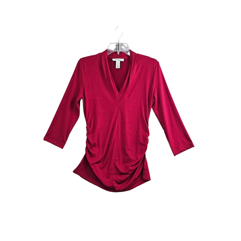 White House Black Market Top Womens S Red Solid Ruched Side V-Neck 3/4 Sleeve